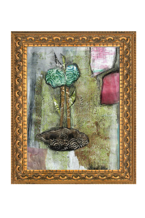 Decorative key artwork in a gold frame on a white background