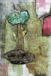 Abstract art piece with textured elements and a central green and brown object.