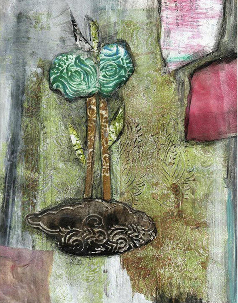 Mixed media collage titled Hay Moon by Sara Palacios. The piece features a stylized green flower with rose-like patterns, two tall stems, and layered leaves growing from a textured brown base. Surrounded by an abstract background of green, gray, and pink tones, the artwork blends organic and ornamental elements for a dreamy, earthy composition.
