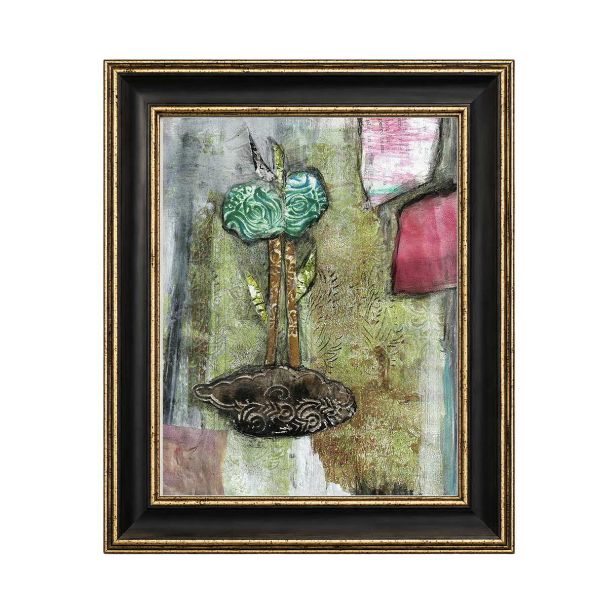 Mixed media collage titled Hay Moon by Sara Palacios. The piece features a stylized green flower with rose-like patterns, two tall stems, and layered leaves growing from a textured brown base. Surrounded by an abstract background of green, gray, and pink tones, the artwork blends organic and ornamental elements for a dreamy, earthy composition. In a black and gold frame.