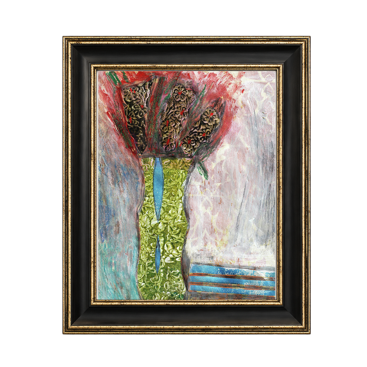 Mixed media collage titled Ice Moon by Sara Palacios, featuring a tall green vase with blue accents holding dark patterned blooms, surrounded by textured cool blue and soft pink brushstrokes, on a black and gold frame.