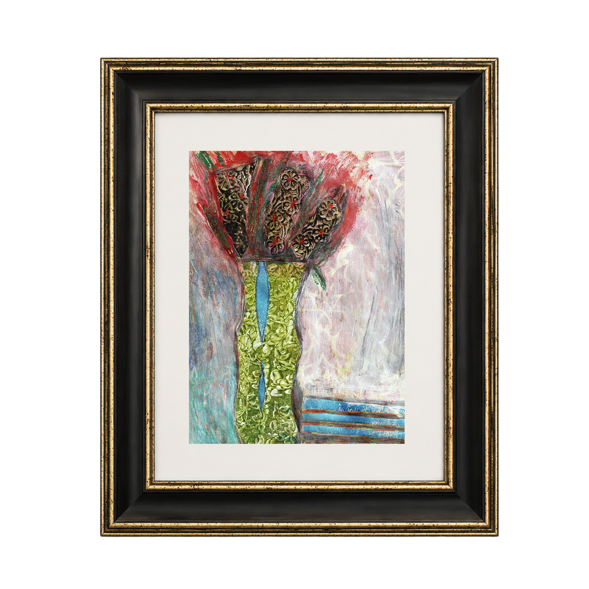 Mixed media collage titled Ice Moon by Sara Palacios, featuring a tall green vase with blue accents holding dark patterned blooms, surrounded by textured cool blue and soft pink brushstrokes. on a matted black and gold frame.
