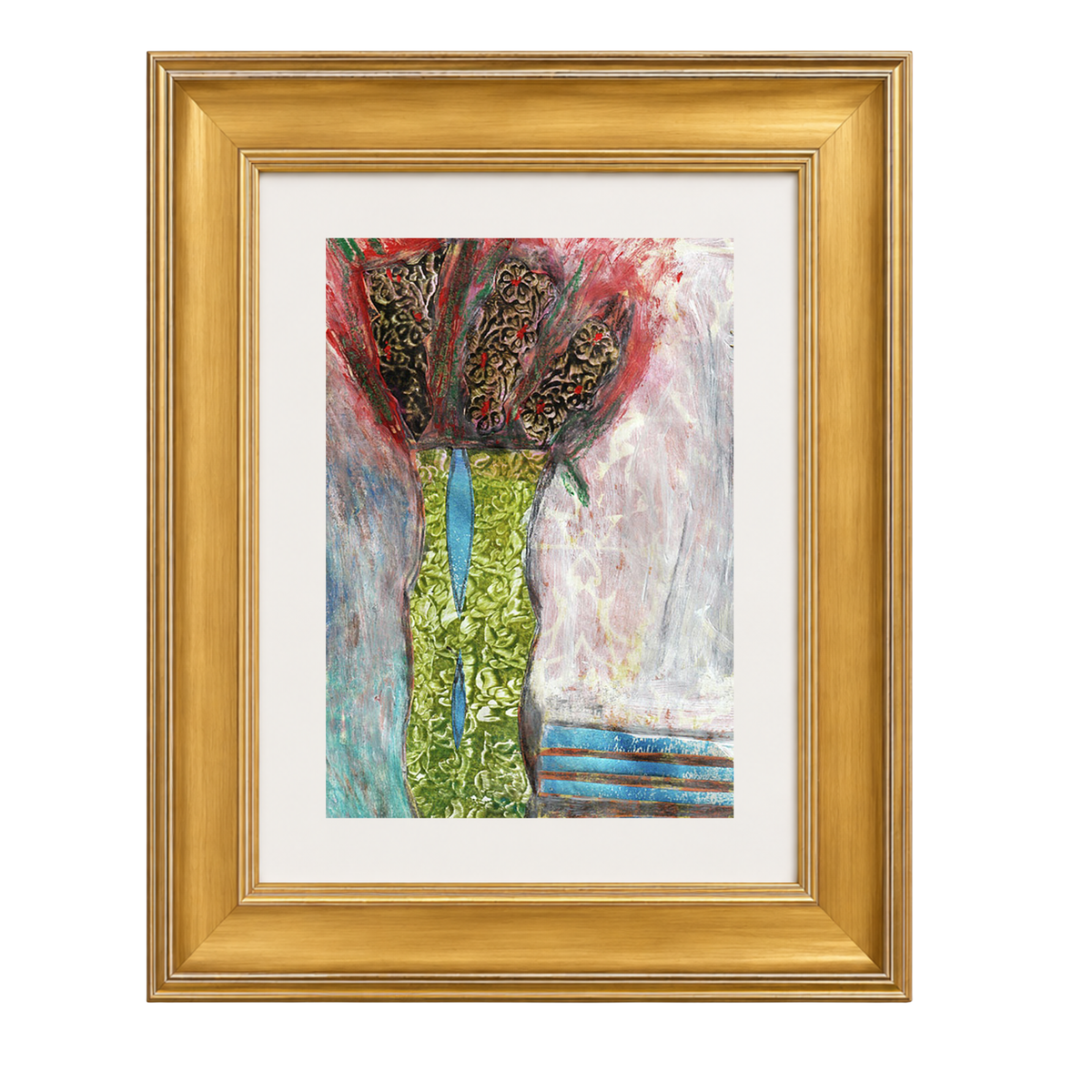 Mixed media collage titled Ice Moon by Sara Palacios, featuring a tall green vase with blue accents holding dark patterned blooms, surrounded by textured cool blue and soft pink brushstrokes, on a matted gold frame.
