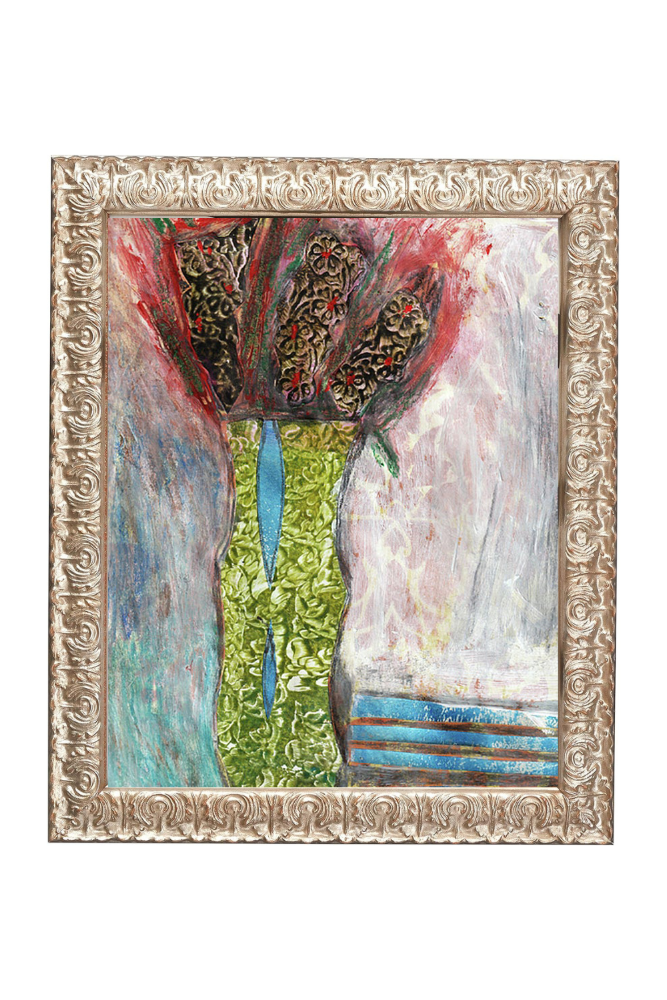 Colorful abstract painting with ornate frame on a white background
