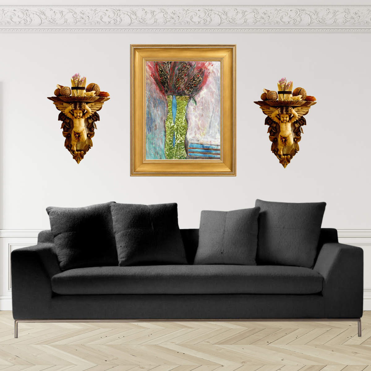 Mixed media collage titled Ice Moon by Sara Palacios, featuring a tall green vase with blue accents holding dark patterned blooms, surrounded by textured cool blue and soft pink brushstrokes. Framed on a gold frame, on top of a black sofa