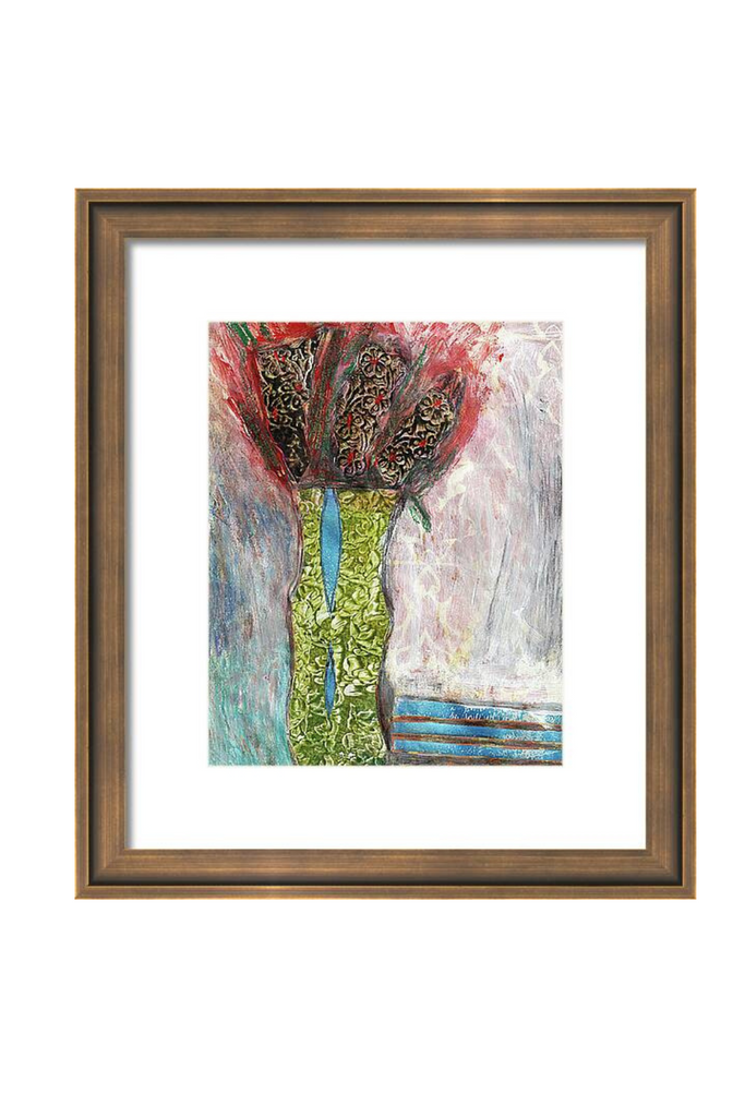 Framed abstract painting with a brown frame on a white background