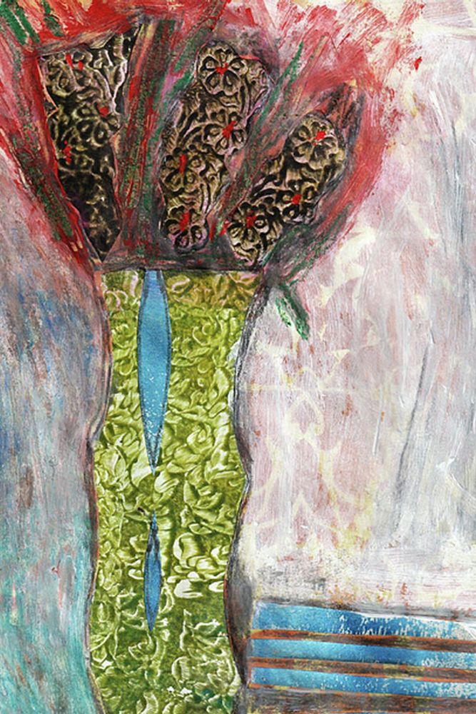 Abstract artwork with textured patterns and vibrant colors