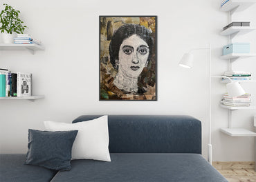 collage portrait of a woman with lace detailing around the neck, set against textured paper layers in gold, brown, and neutral tones.