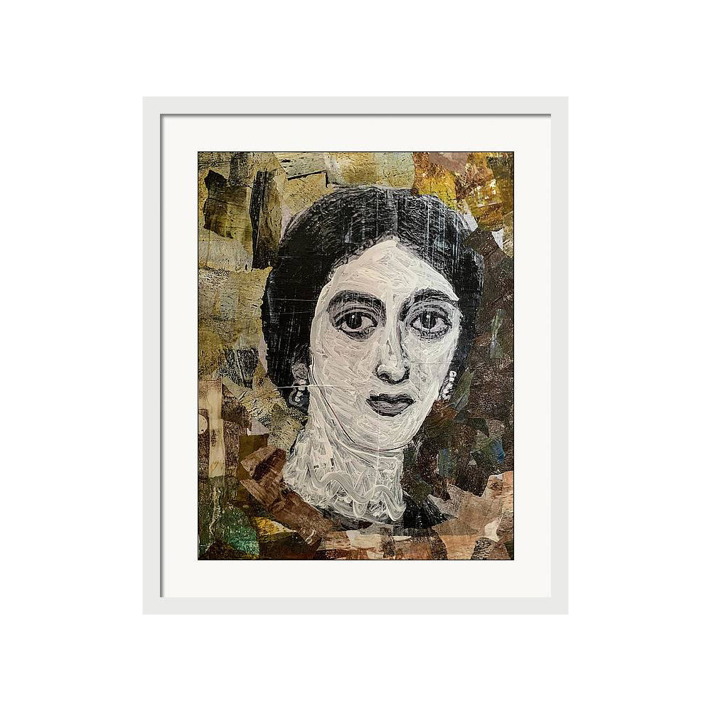 collage portrait of a woman with lace detailing around the neck, set against textured paper layers in gold, brown, and neutral tones.

