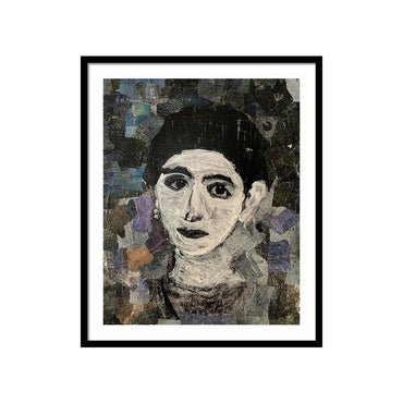 Handmade collage portrait of a woman with expressive eyes and a calm presence, created with textured hand-painted papers in deep blues and neutrals.