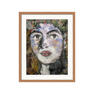 Collage portrait of a woman with red lips, expressive eyes, and a crown of abstract floral textures, created from layered hand-painted paper.