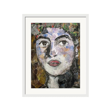 Collage portrait of a woman with red lips, expressive eyes, and a crown of abstract floral textures, created from layered hand-painted paper.
