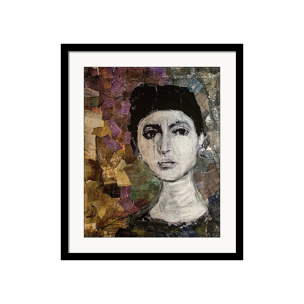 Collage portrait of a woman in grayscale with a serious expression, surrounded by layered hand-painted papers in muted purples, browns, and greens.