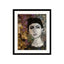 Collage portrait of a woman in grayscale with a serious expression, surrounded by layered hand-painted papers in muted purples, browns, and greens.
