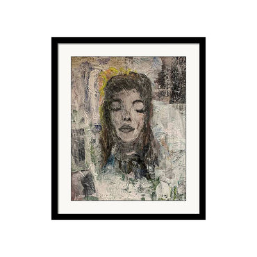 Black-and-white collage portrait of a woman with lace detailing around the neck, set against textured paper layers in gold, brown, and neutral tones.