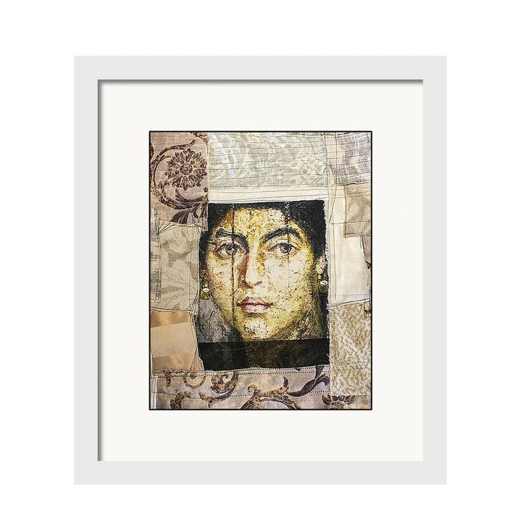 Textile art portrait of a woman’s face printed on fabric and stitched into a patchwork of vintage-inspired textiles in beige and gold tones.