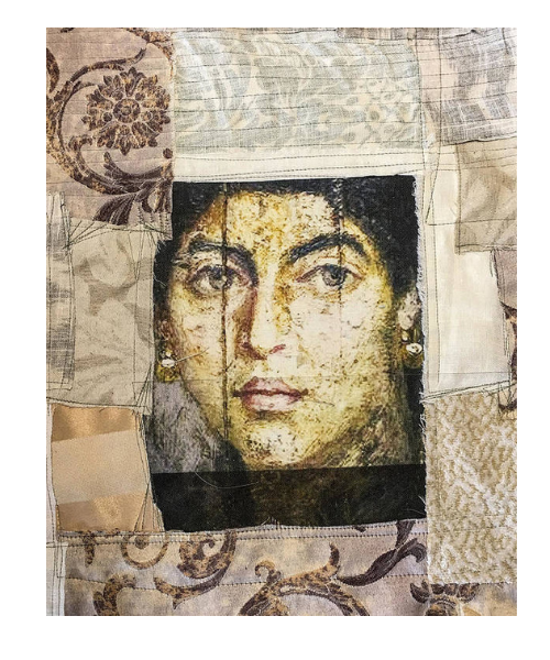 Collage art with a portrait of a woman's face on a textured background