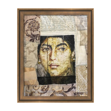 Framed artwork with a mosaic-like portrait of a woman on textured fabric.
