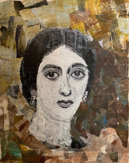 collage portrait of a woman with lace detailing around the neck, set against textured paper layers in gold, brown, and neutral tones.

