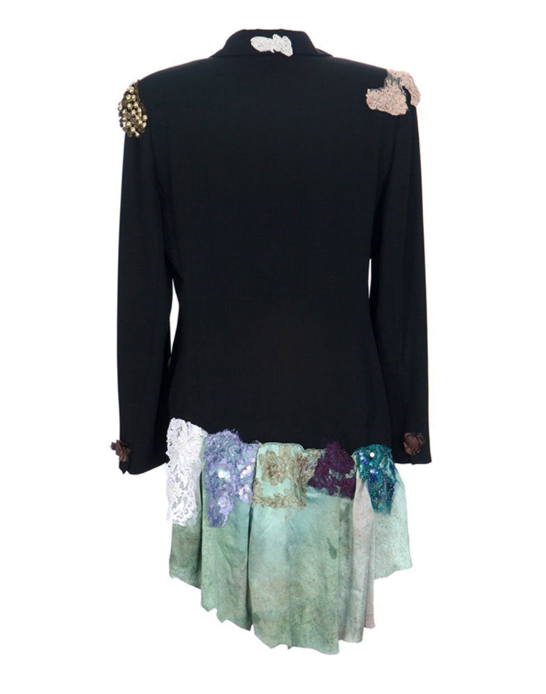 Art print of a one-of-a-kind jacket titled Kylia Jacket, designed by Sara Palacios with mixed lace, sequins, and hand-dyed fabric collage.

