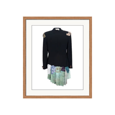 Art print of a one-of-a-kind jacket titled Kylia Jacket, designed by Sara Palacios with mixed lace, sequins, and hand-dyed fabric collage.
