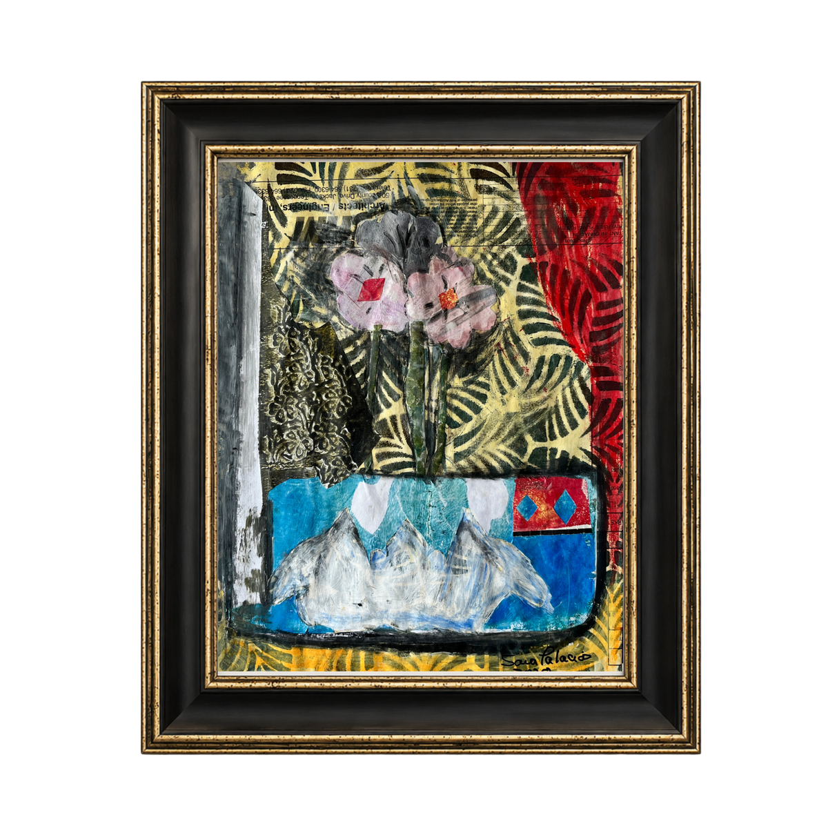 A framed mixed-media floral painting featuring pink flowers in a blue vase against a background of gold leaf patterns and a red curtain, housed in a black frame with gold trim.