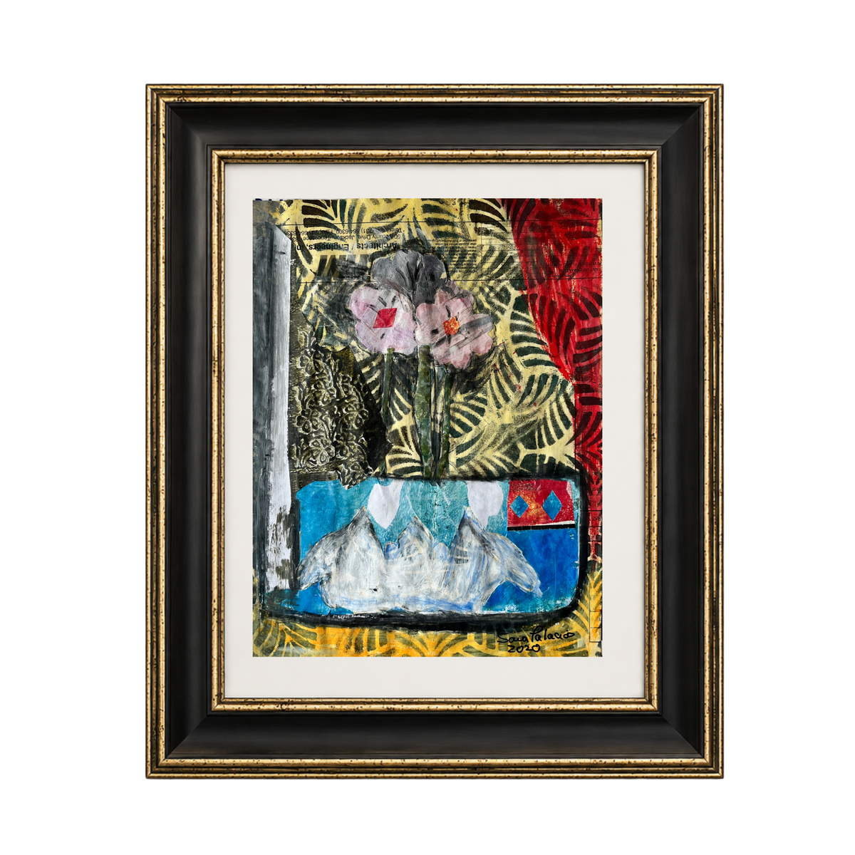 Framed mixed-media floral painting featuring pink flowers in a blue vase against a background of gold leaf patterns and red textures, presented in a black and gold frame with a white mat.