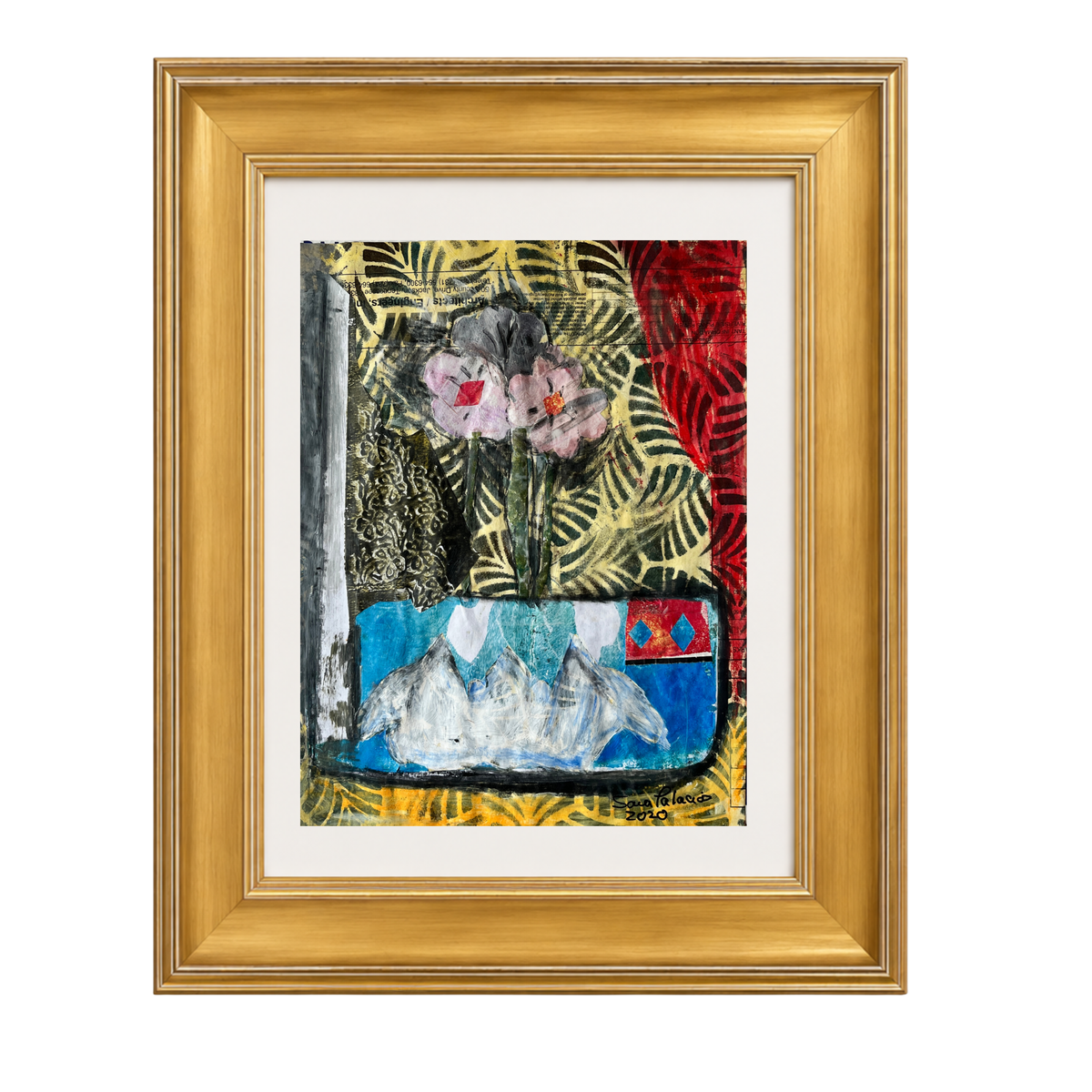A framed mixed-media painting featuring a blue vase with white mountains, pink flowers, and red and yellow patterns, housed in a gold frame with a white mat on a white background.