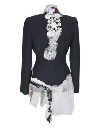 Art print of a couture jacket titled Madeline Jacket, created by Sara Palacios with white floral lace, sheer fabric, and black sequined detailing.