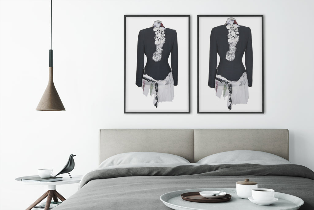 Art print of a couture jacket titled Madeline Jacket, created by Sara Palacios with white floral lace, sheer fabric, and black sequined detailing.
