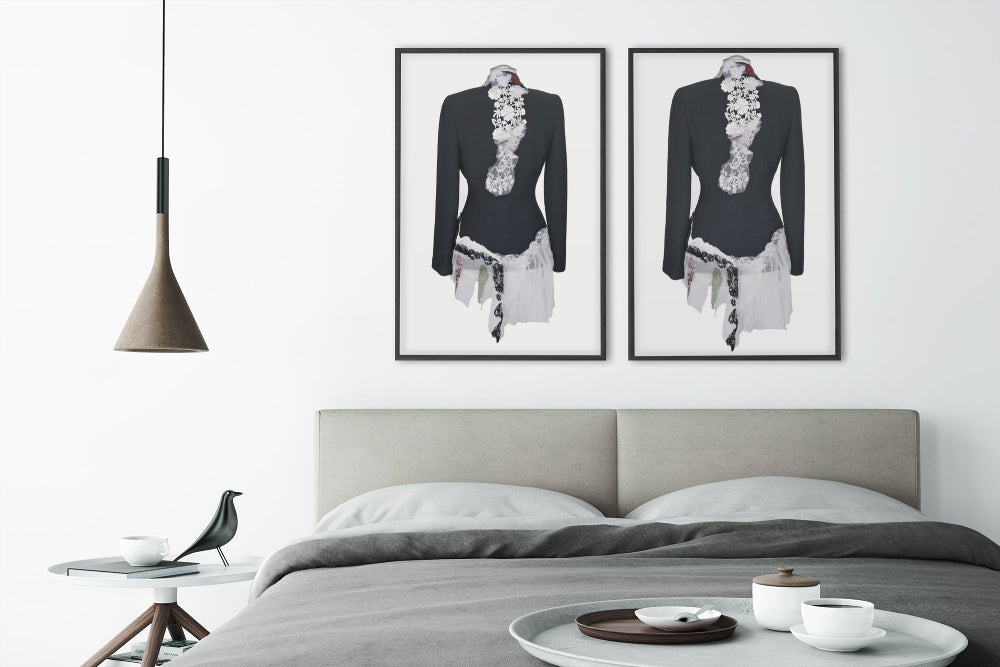 Art print of a couture jacket titled Madeline Jacket, created by Sara Palacios with white floral lace, sheer fabric, and black sequined detailing.
