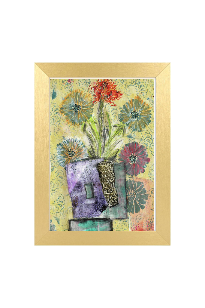 Framed artwork of a colorful floral arrangement with a gold frame.