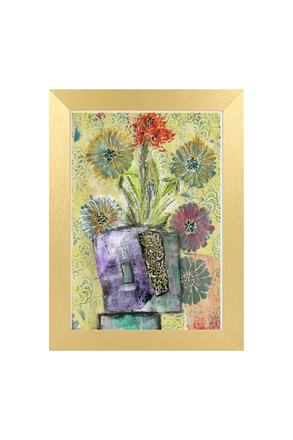 Framed artwork of a colorful floral arrangement with a gold frame.
