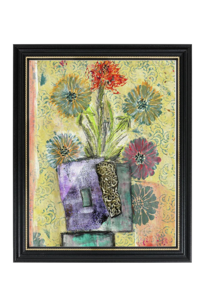 Framed artwork of a vase with flowers on a colorful abstract background