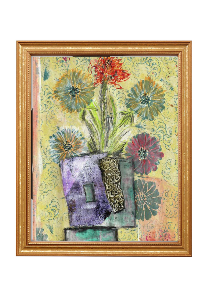 Framed artwork with colorful flowers and a purple house on a decorative background