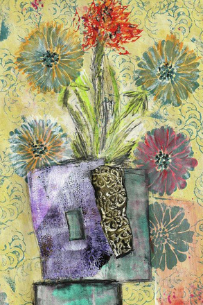 Colorful floral arrangement in a textured vase on a decorative background