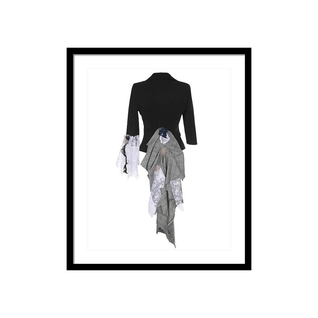 Art print of a one-of-a-kind jacket titled Maryweather Jacket, featuring plaid textile layers, cascading white lace, and couture embellishments by Sara Palacios.
