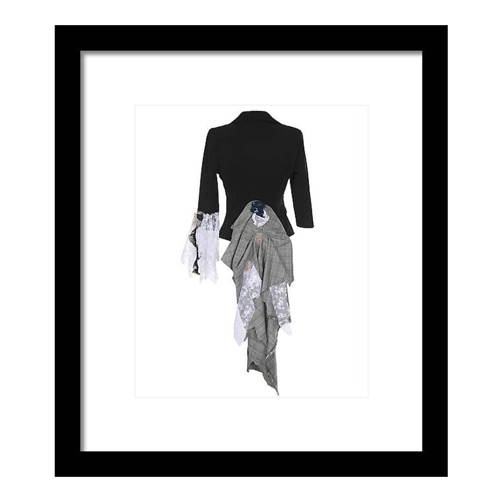 Art print of a one-of-a-kind jacket titled Maryweather Jacket, featuring plaid textile layers, cascading white lace, and couture embellishments by Sara Palacios.
