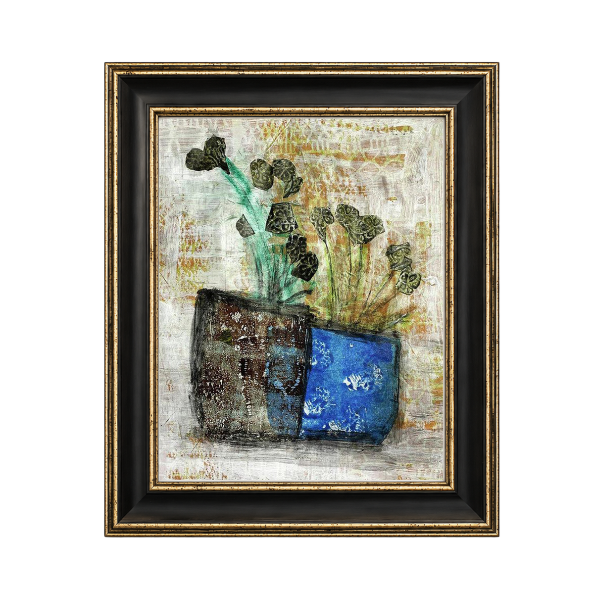 Framed mixed-media painting of two textured ceramic pots with green leafy stems, set against a distressed beige background with gold and black frame details.