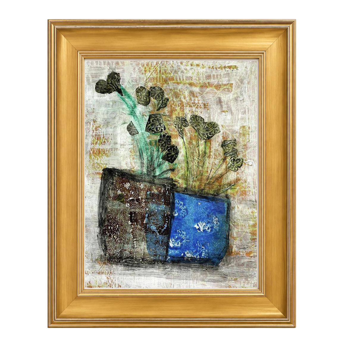 A framed mixed-media painting featuring two textured planters, one dark brown and one blue, with green stems and dark leaves against a distressed beige background, all enclosed in a gold frame.