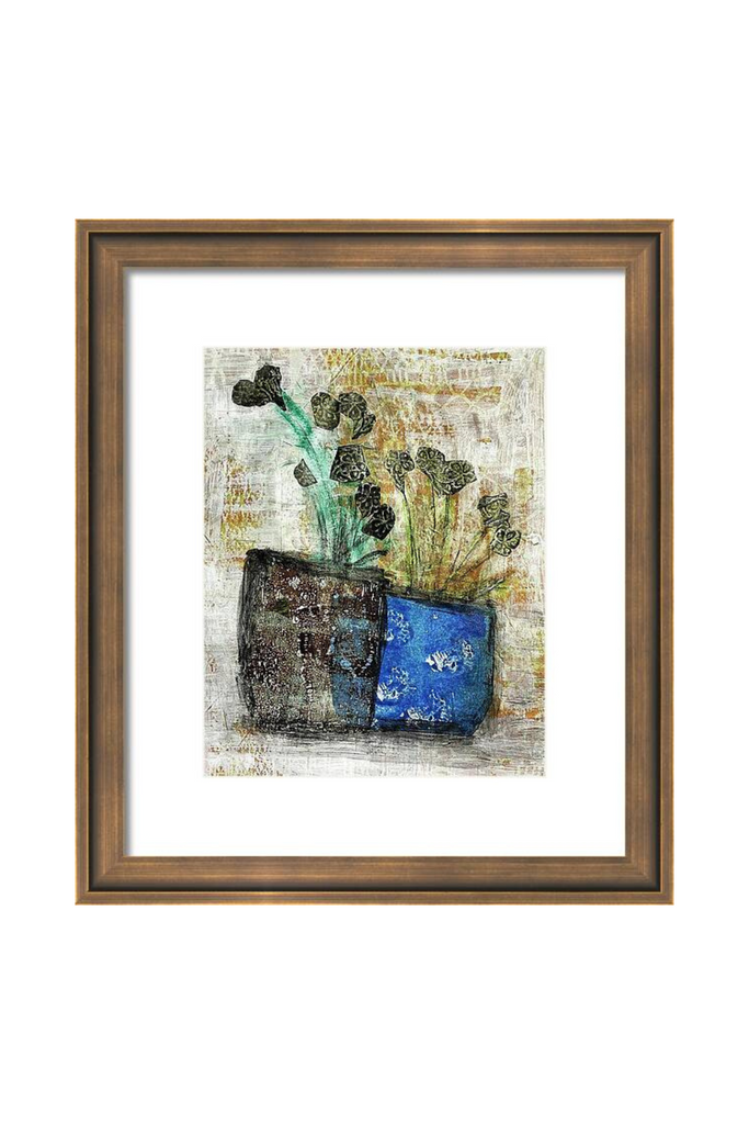 Framed artwork with a blue pot and green plants on a textured background