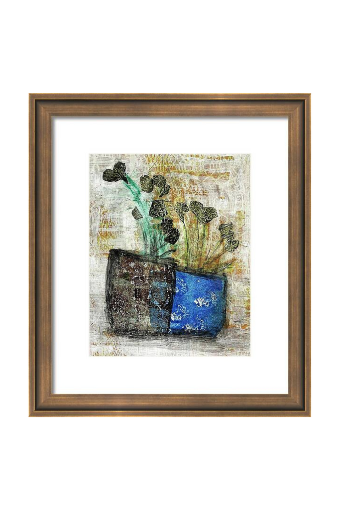 Framed artwork of a blue pot with plants on a textured background