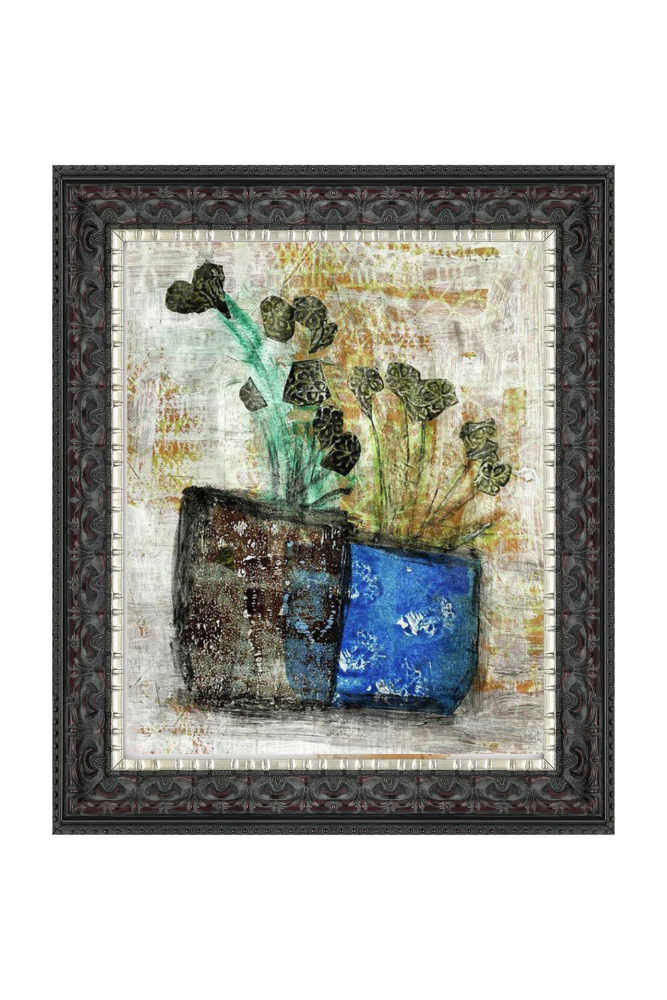 Framed artwork with two vases and plants on a textured background