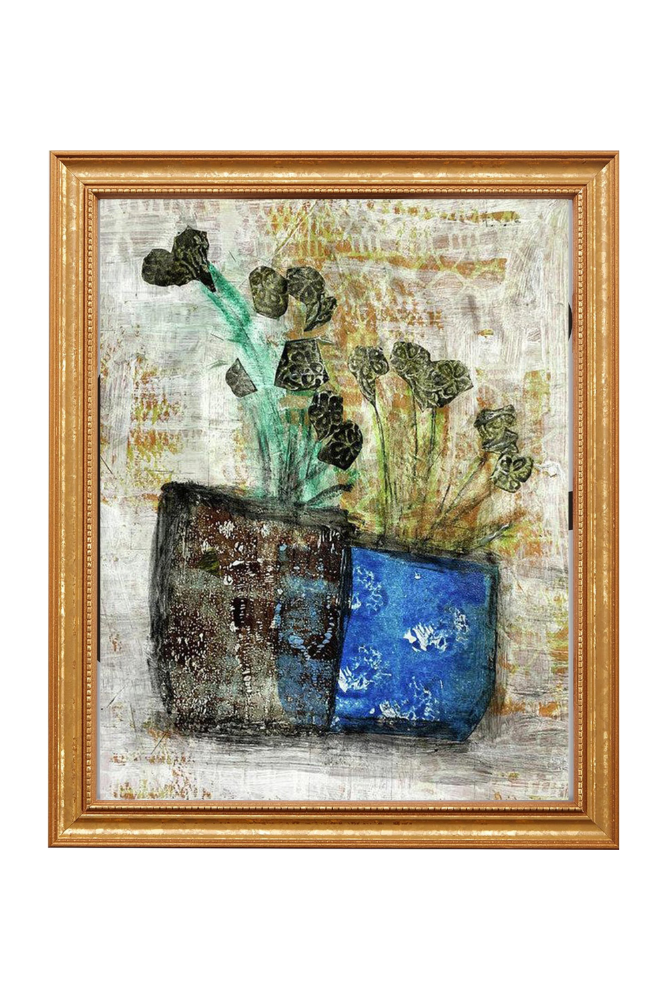 Framed artwork of two vases with plants on a textured background