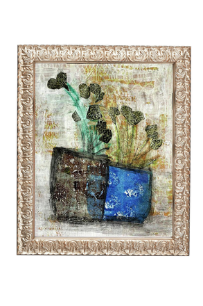 Decorative painting of vases with flowers in a ornate frame