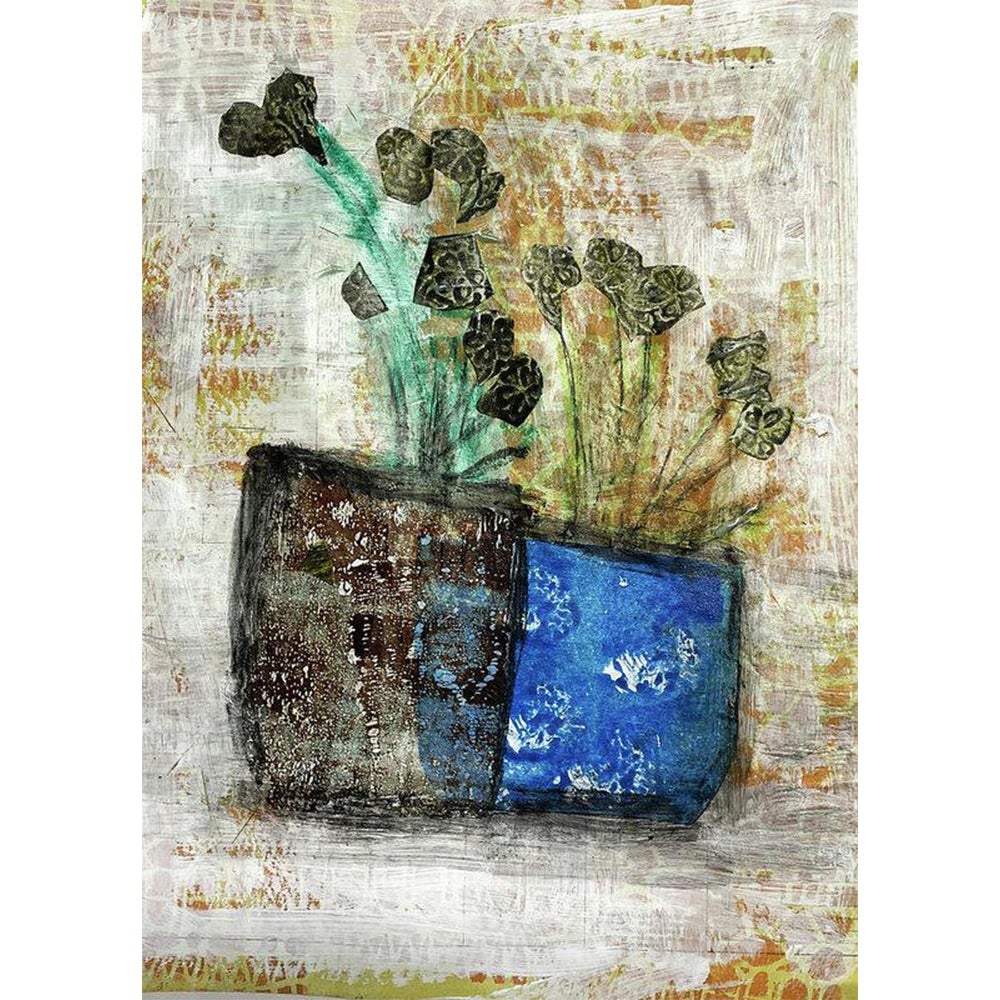 Mixed media collage titled Moon Tear by Sara Palacios. The artwork showcases dark leafy stems emerging from a two-toned vase—textured brown on one side, vibrant blue on the other—set against a softly layered cream and gold background with subtle patterns.