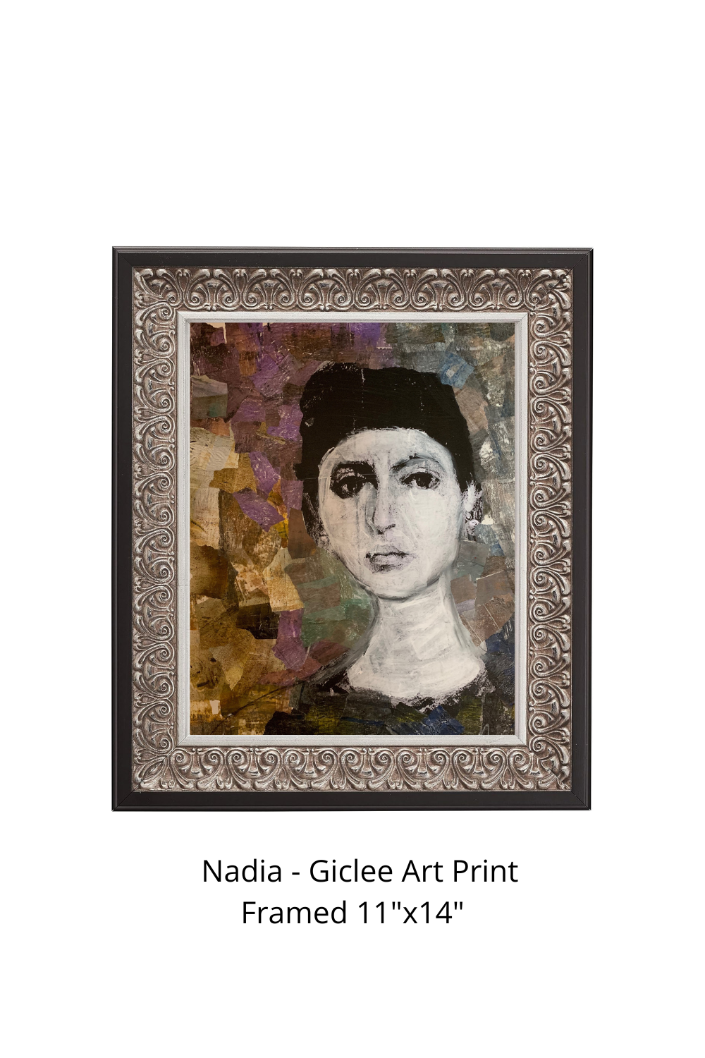 Framed art print featuring an abstract portrait of a woman with dark hair, titled 'Nadia', in a decorative silver-toned frame. The print is shown against a white background with text below reading 'Nadia - Giclee Art Print Framed 11"x14"'.