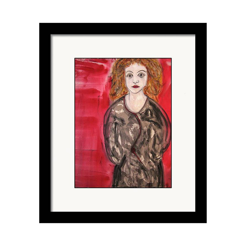 Expressionist portrait of a woman named Petra with red curly hair, a serious expression, and a loose black coat, set against a deep red backdrop.