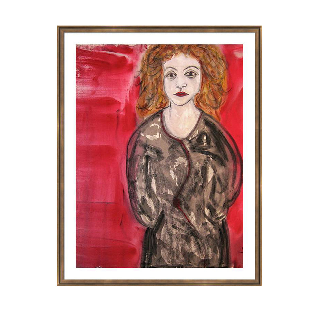 Expressionist portrait of a woman named Petra with red curly hair, a serious expression, and a loose black coat, set against a deep red backdrop.