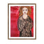 Expressionist portrait of a woman named Petra with red curly hair, a serious expression, and a loose black coat, set against a deep red backdrop.
